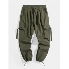 Mens Pocket Drawstring Elastic Waist Solid Color Mid Waist Cargo Pants