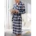 Mens Plaid Print Long Sleeve Comfy Sleepwear Bathrobe Home Robe With Pocket