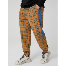 Mens Plaid Side Patchwork Drawstring Cotton Jogger Pants With Pocket