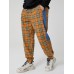 Mens Plaid Side Patchwork Drawstring Cotton Jogger Pants With Pocket