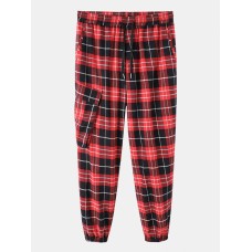 Mens Vintage Plaid Multi Pocket Cotton Jogger Pants