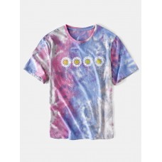 Mens Small Flower Print Tie Dye Round Neck Short Sleeve T  Shirt